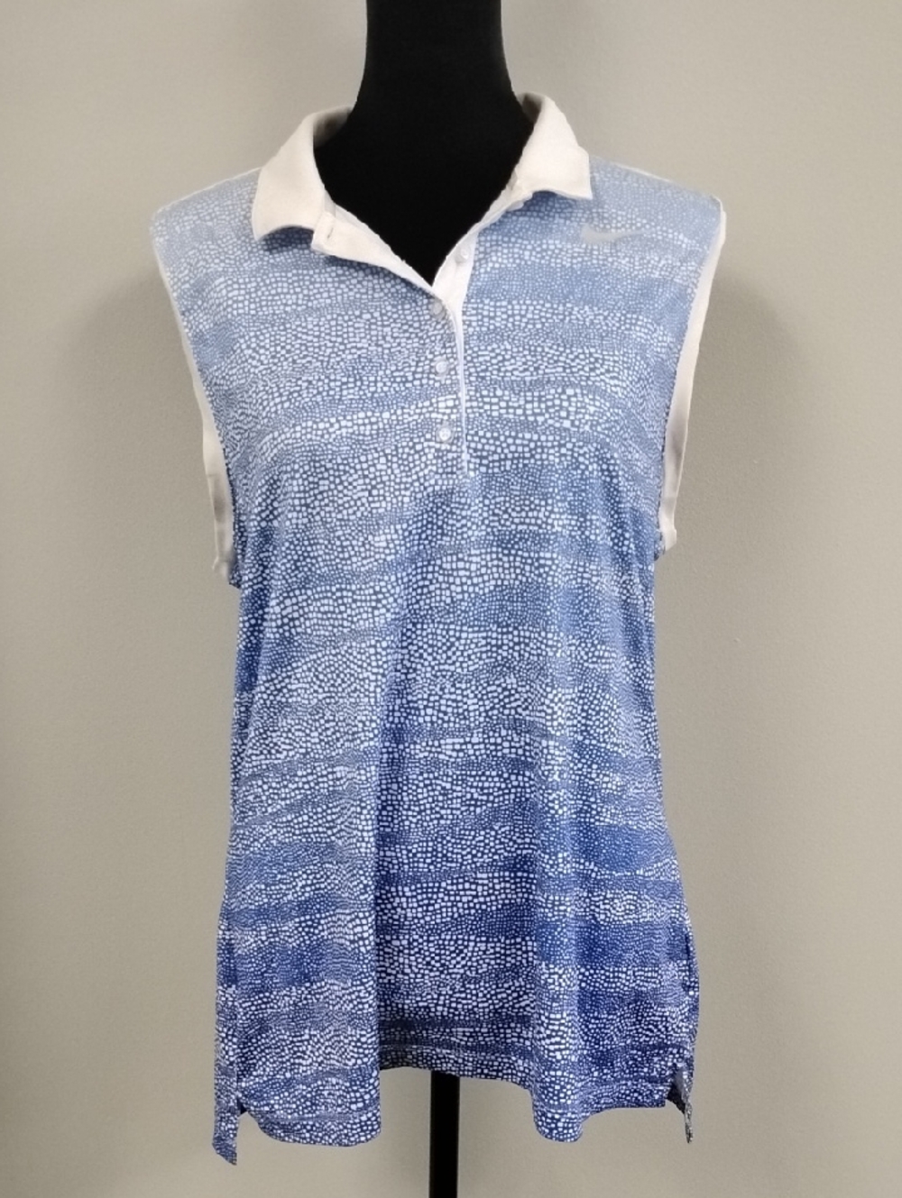 Nike Golf Dri-Fit Blue Dot-Pattern Sleeveless Polo Tank with White Collar, Sz L